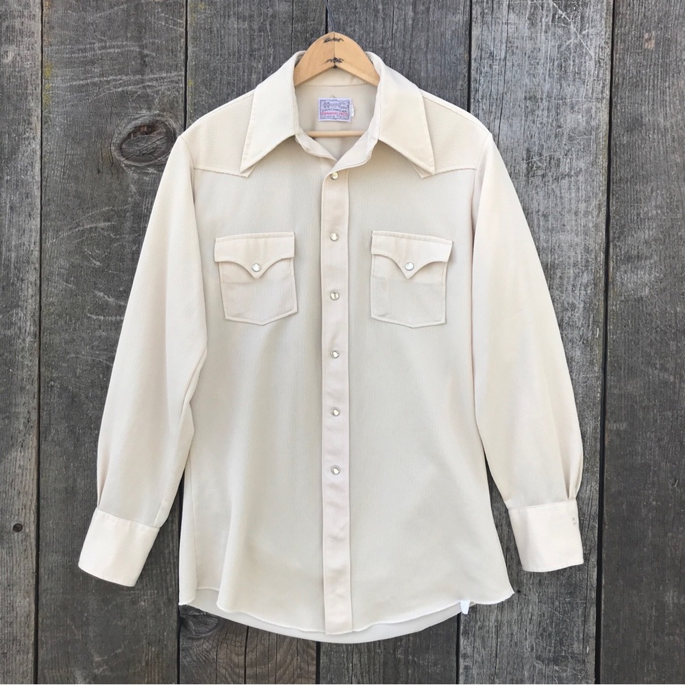 Vintage 70s H Bar C Ranchwear Beige Ribbed Pearl Snap Western Shirt 15 1/2 - 33